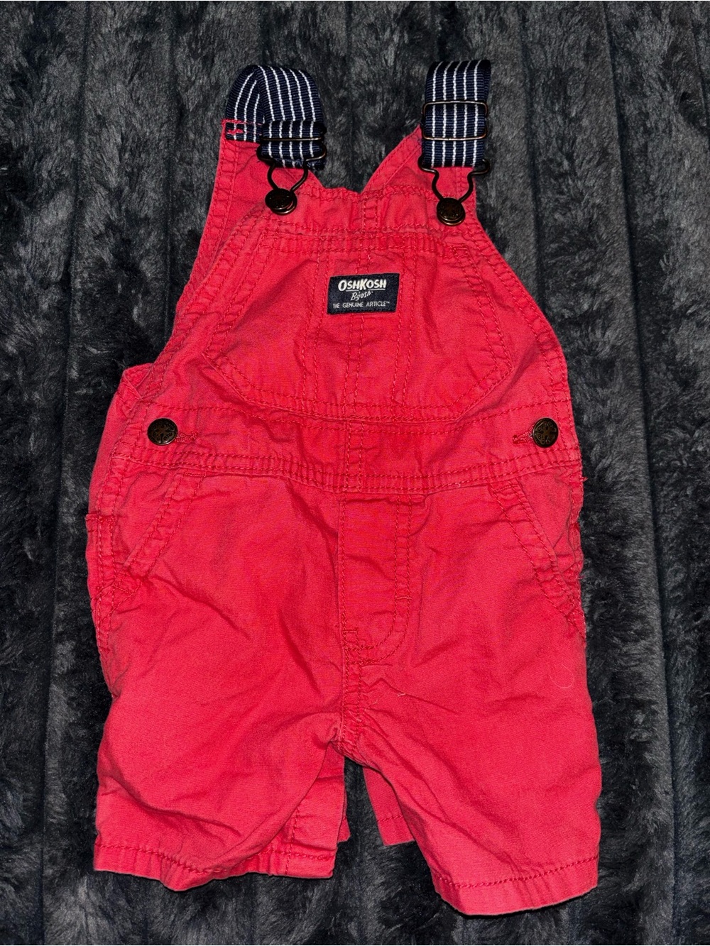 OshKosh B'gosh Red Short Overalls with Navy Striped Straps